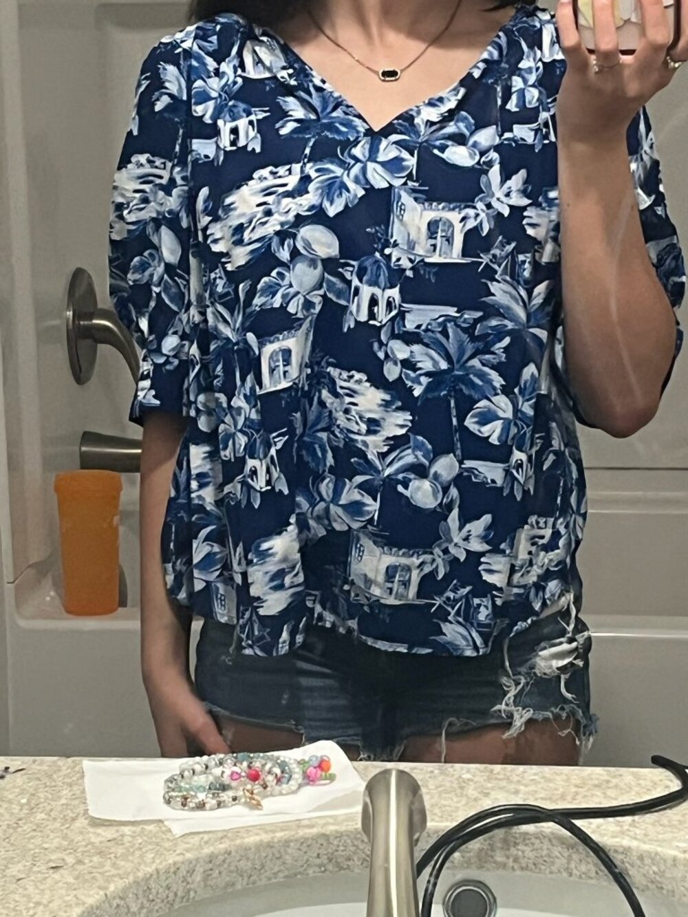 LOFT blue and white Mediterranean-style print top